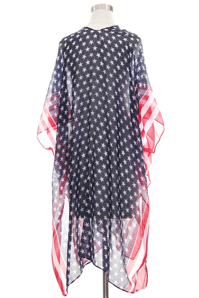 Women's American Flag Stripe Trim Kimono in Navy