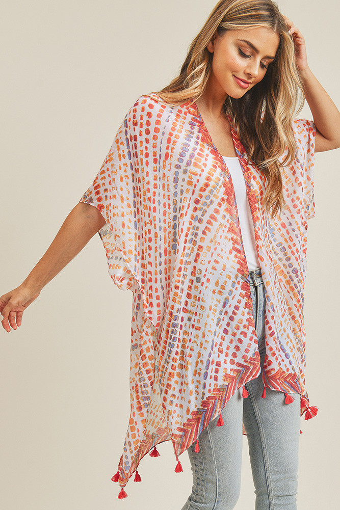 Women's Multi Dash Pattern Tassel Kimono in Red Blue