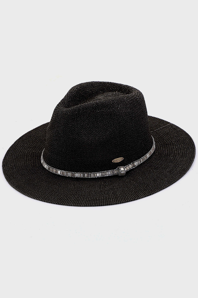 Women's Multi Thread Rhinestone Trim Band Panama Hat in Black