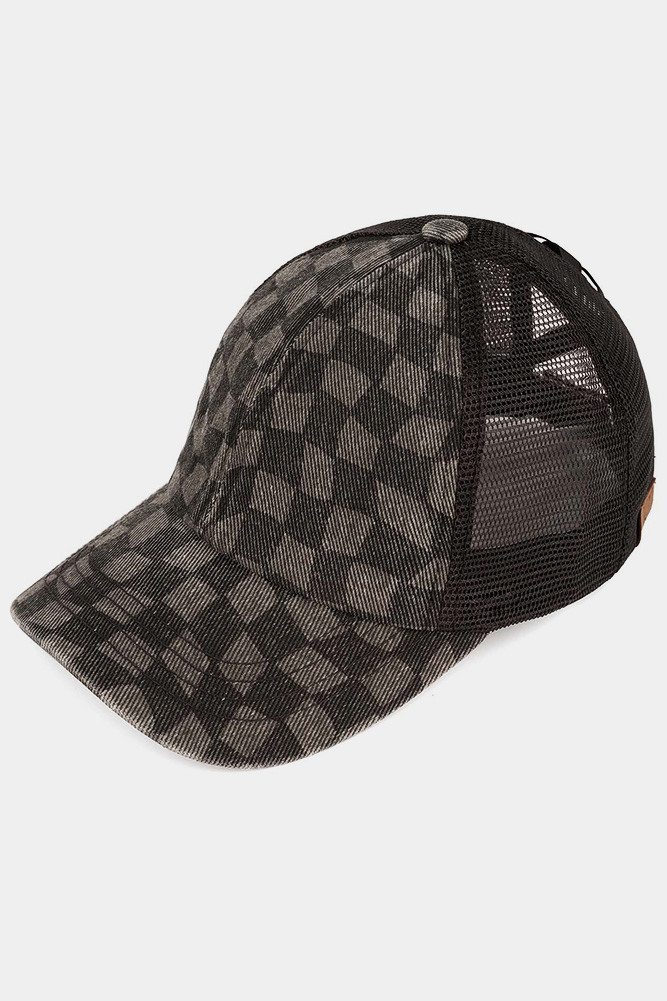 Women's Checkered Pattern Criss-Cross Baseball Cap in Black