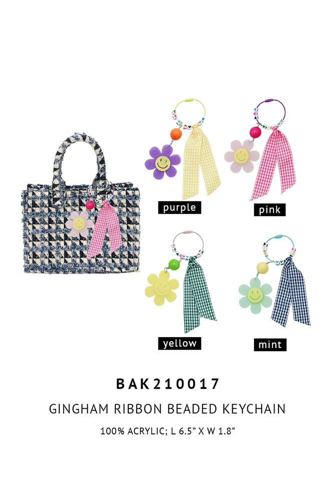 Gingham Ribbon Beaded Keychain Bag Charm — bag photo 2