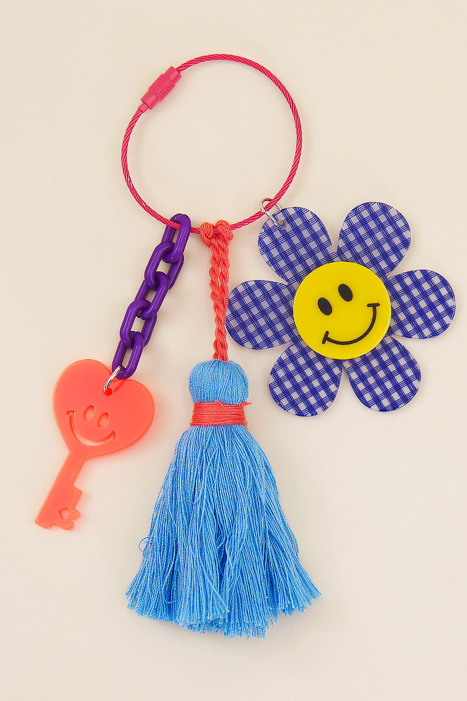 Smiley Flower Tassel Keychain Bag Charm in Blue