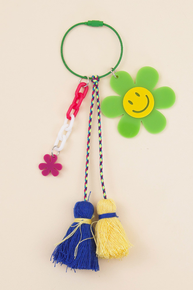 Smiley Flower Tassel Keychain Bag Charm in Green
