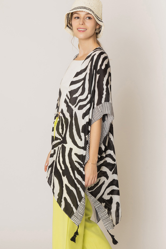 Women's Zebra Print Tassel Kimono in Black