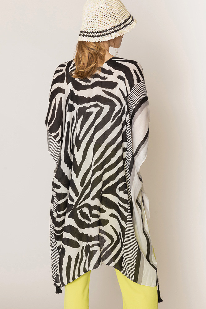 Women's Zebra Print Tassel Kimono in Black
