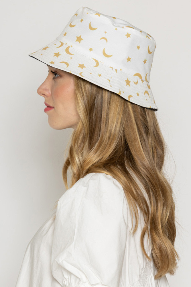 Women's Moon and Star Print Bucket Hat in White