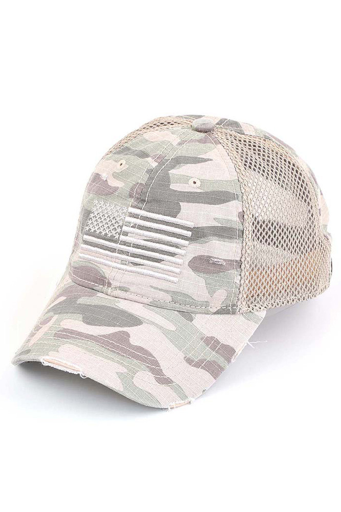 Women's American Flag Embroidery Camo Baseball Cap in Beige
