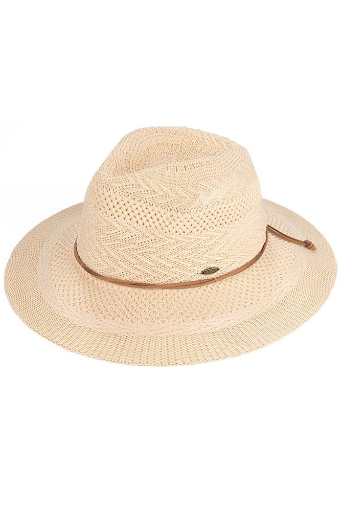 Women's Multi Pattern Suede String Band Panama Hat in Beige