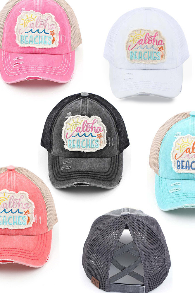 Women's Distressed Aloha Beaches Patch Ponytail Cap by BURACQ
