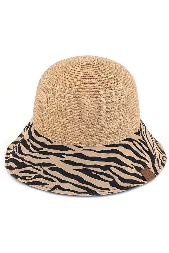 Women's Zebra Print Cloche Straw Bucket Hat in Dark Natural