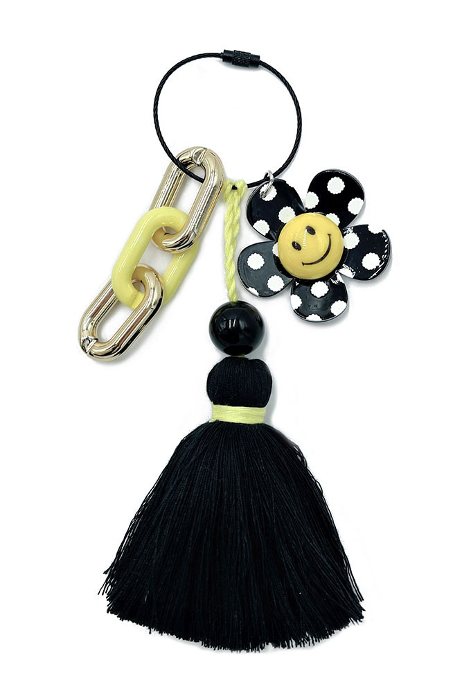 Smiley Polka Dot Flower Keychain Bag Charm in Black
