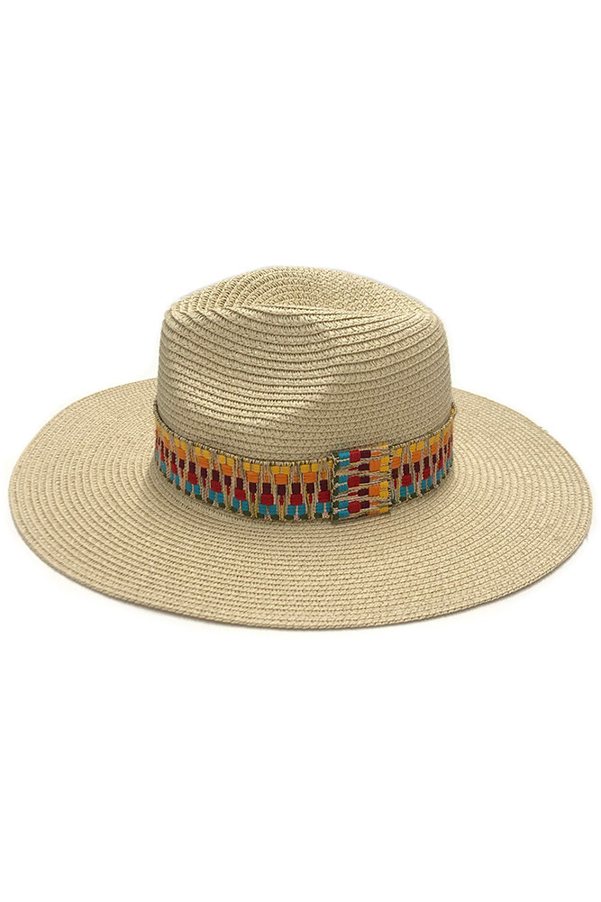 Women's Multi Color Aztec Band Panama Hat in Beige