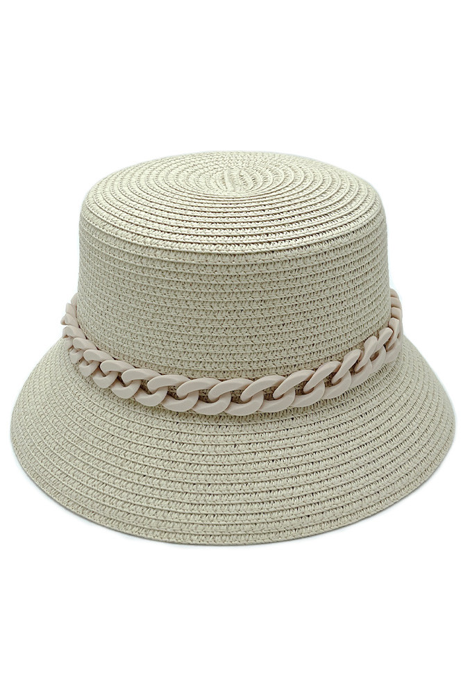 Women's Chain Band Straw Bucket Hat in Beige