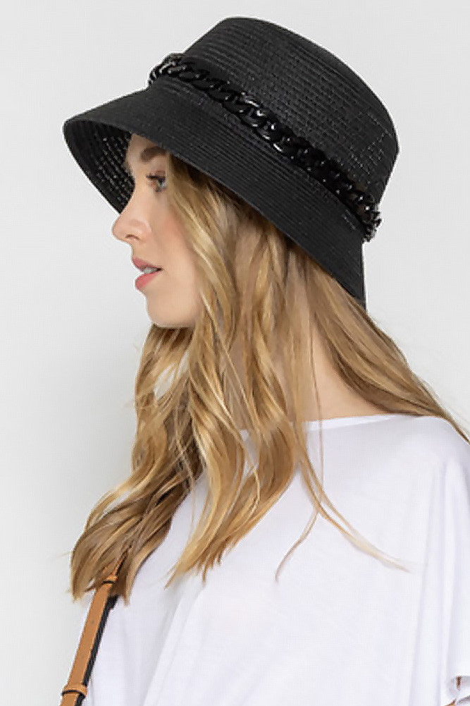 Women's Chain Band Straw Bucket Hat in Black