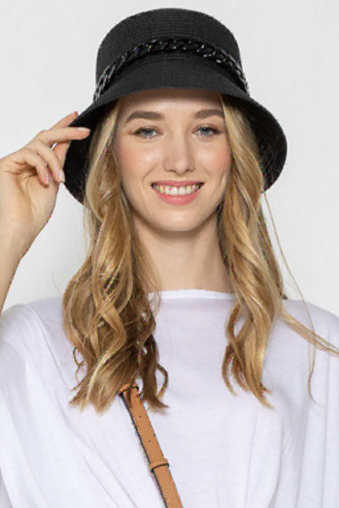 Women's Chain Band Straw Bucket Hat in Black