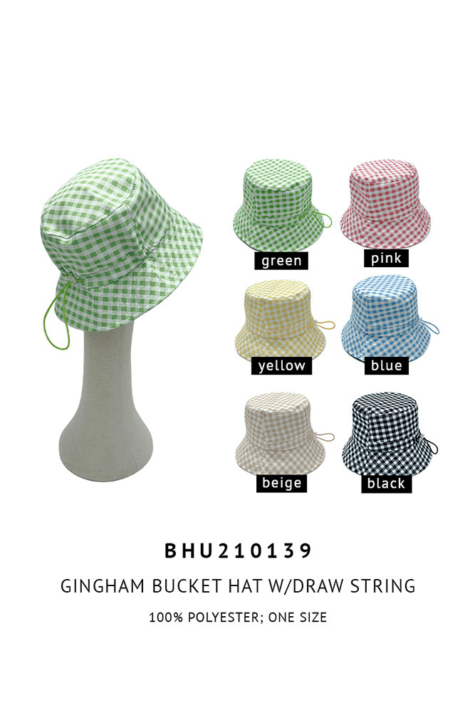 Women's Gingham Pattern Darw String Bucket Hat — bucket hat photo 2
