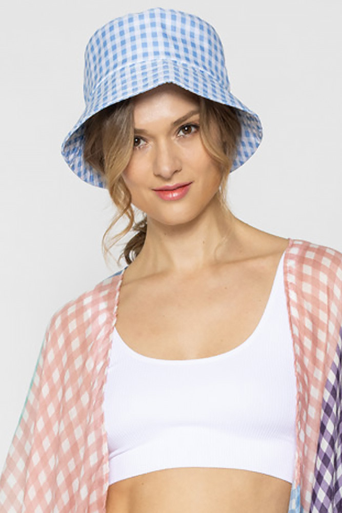 Women's Gingham Pattern Darw String Bucket Hat in Beige