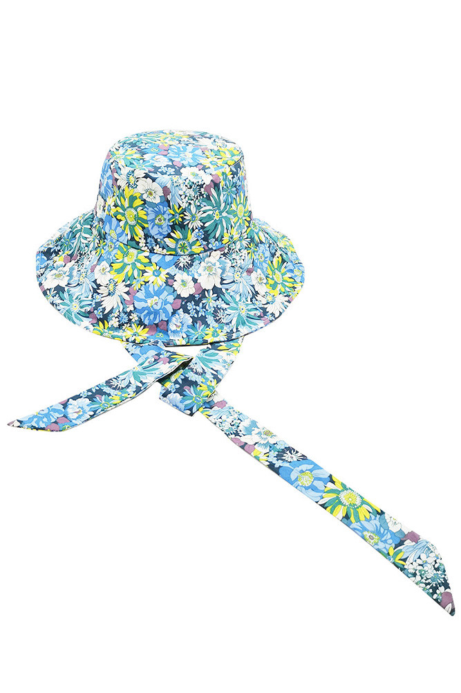 Women's Floral Print Chine Tie Bucket Hat in Blue