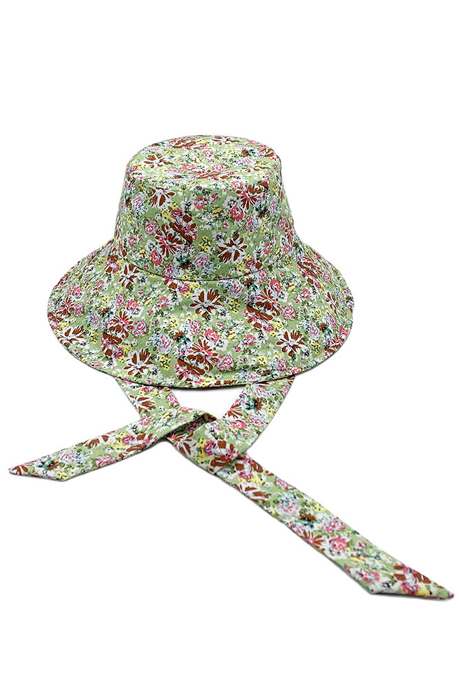 Women's Floral Print Chin Tie Bucket Hat in Green