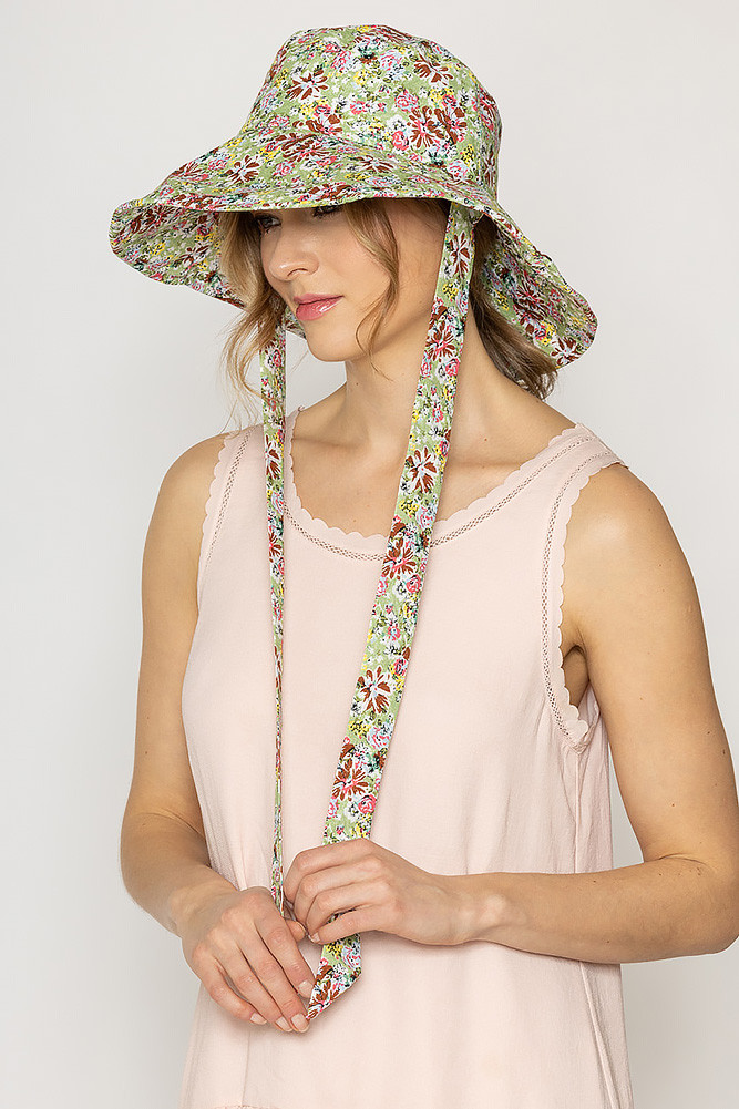 Women's Floral Print Chin Tie Bucket Hat in Green