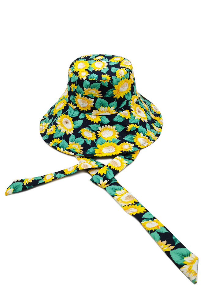 Women's Sunflower Print Chine Tie Bucket Hat in Navy