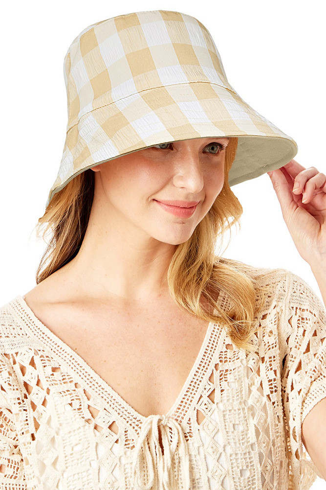Women's Plaid Reversible Wired Brim Bucket Hat in Beige