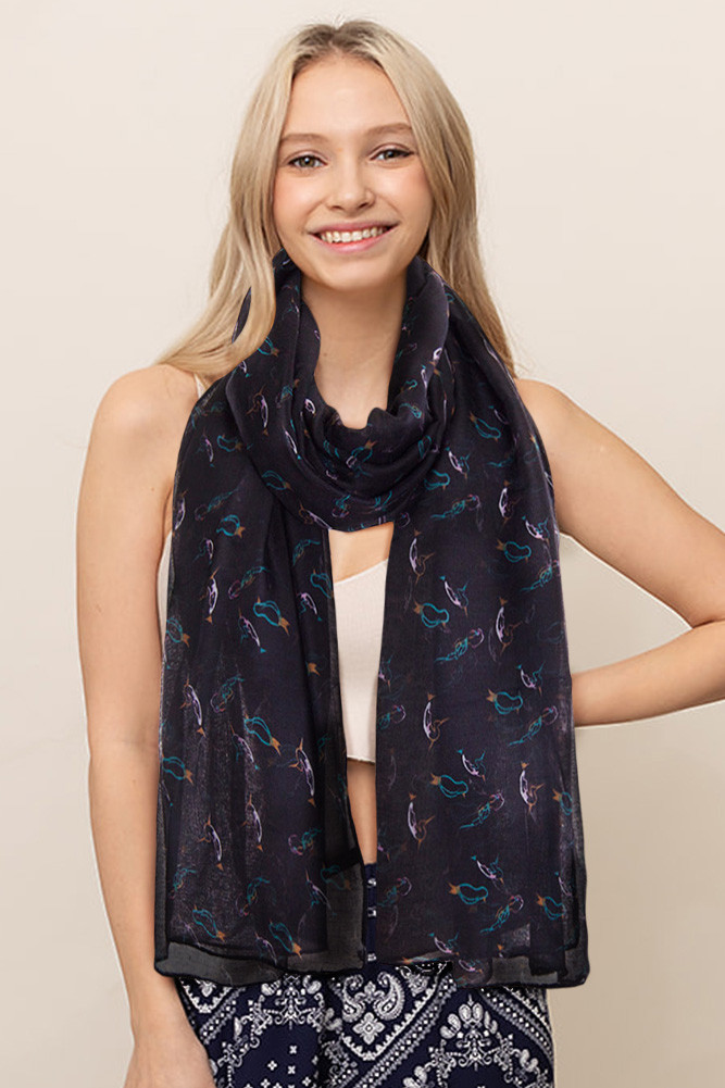 Women's Bird Pattern Scarf in Black