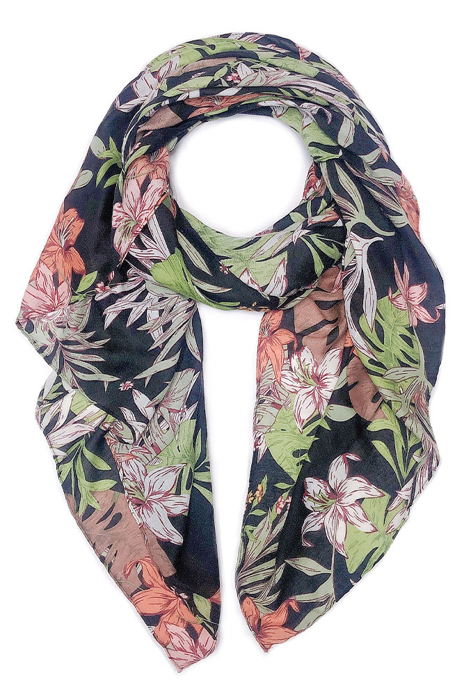 Women's Palm Leaf Print Scarf in Black