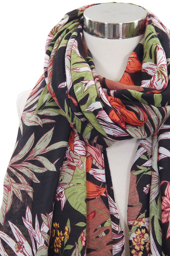 Women's Palm Leaf Print Scarf in Black