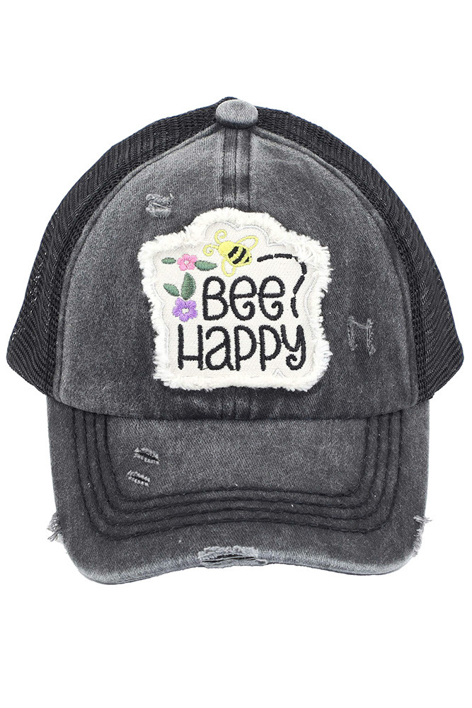 Bee Happy Patch Kid Ponytail Cap in Black