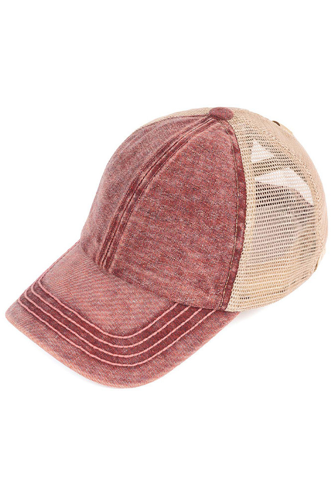 Stone Washed Denim Kid Ponytail Cap in Berry