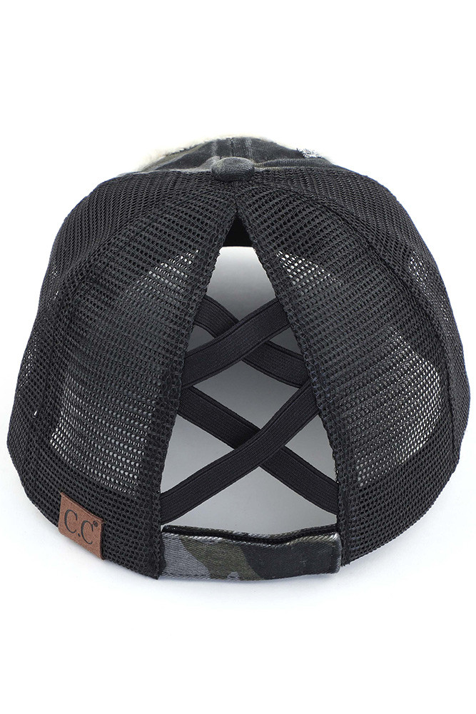Women's Happy Camper Patch Vintage Ponytail Cap in Black Camo