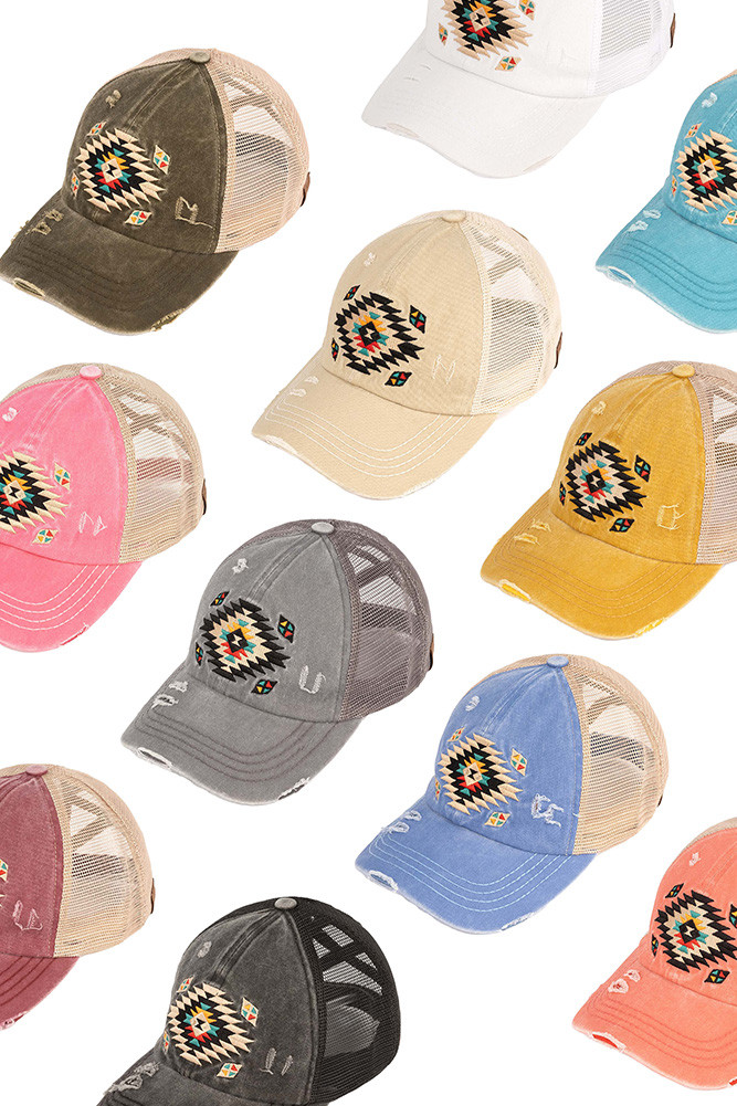 Women's Aztec Patch Distressed Ponytail Cap by BURACQ