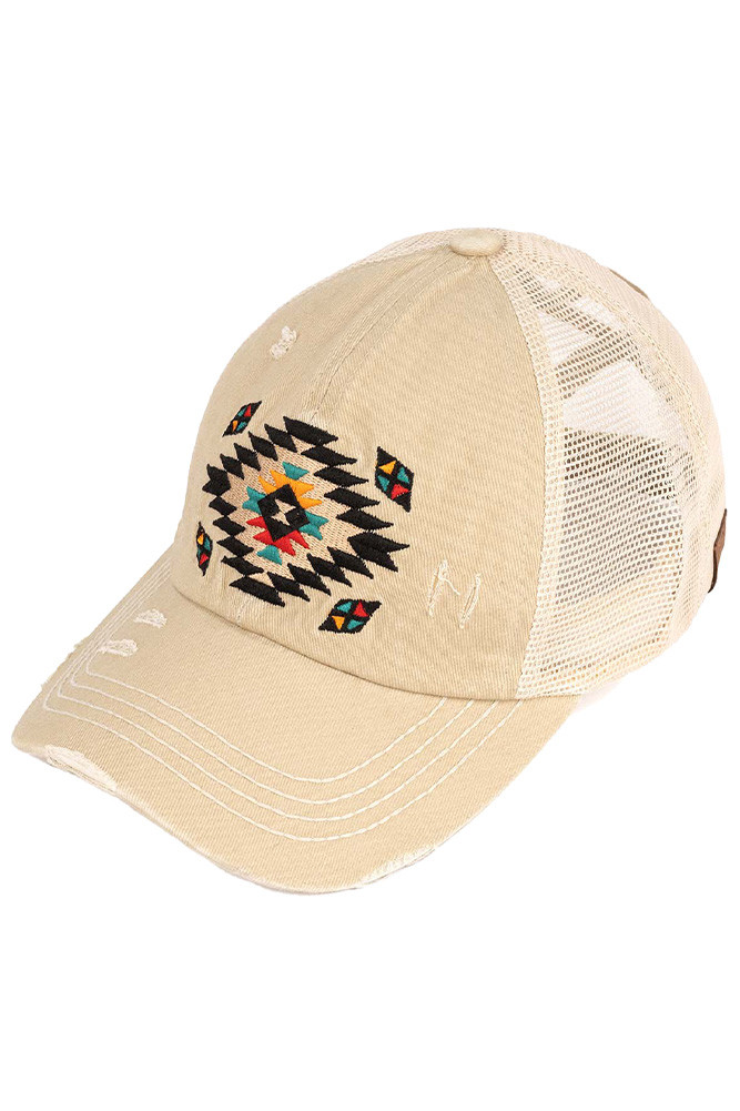 Women's Aztec Patch Distressed Ponytail Cap in Beige