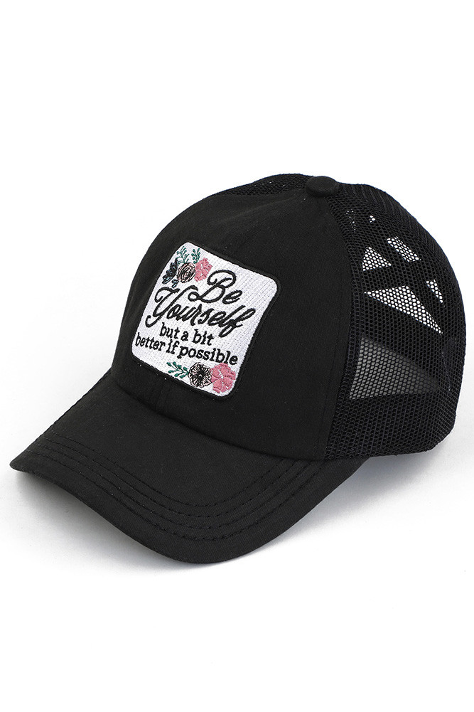 Women's Be Yourself Patch Criss-Cross Ponytail Cap in Black