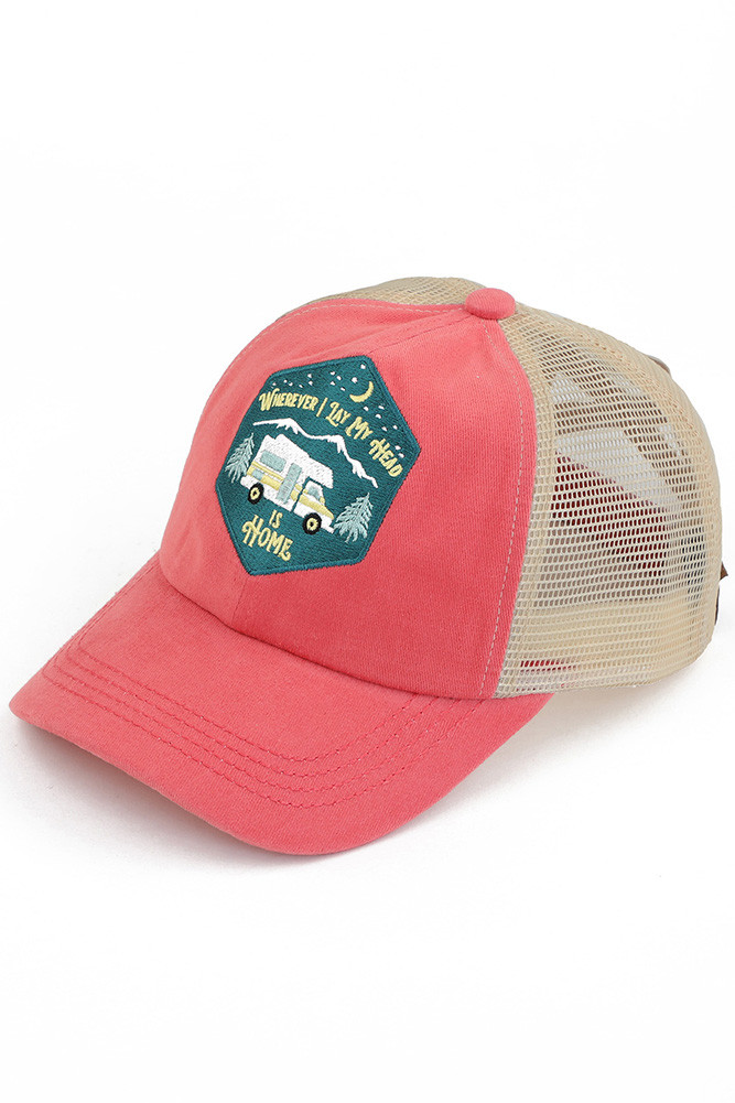 Women's Wherever I Lay My Head Is Home Patch Ponytail Cap in Coral