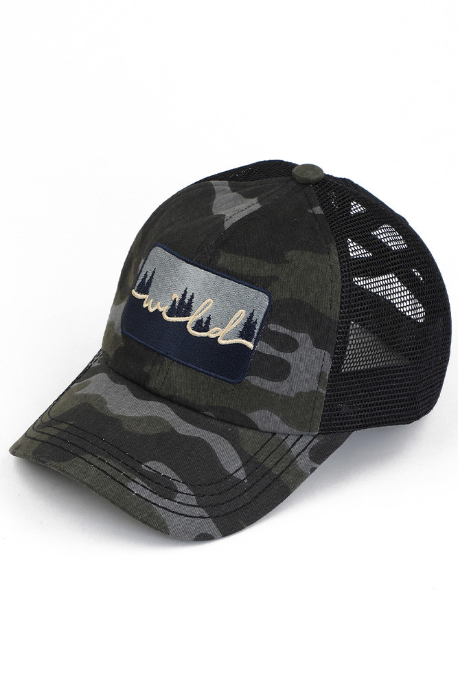 Women's Wild Patch Criss-Cross Ponytail Cap in Black Camo
