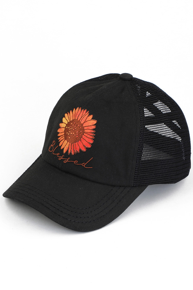 Women's Daisy Patch Blessed Ponytail Cap in Black