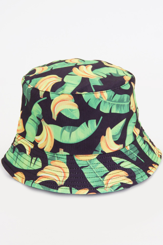 Women's Banana Print Reversible Bucket Hat in Black