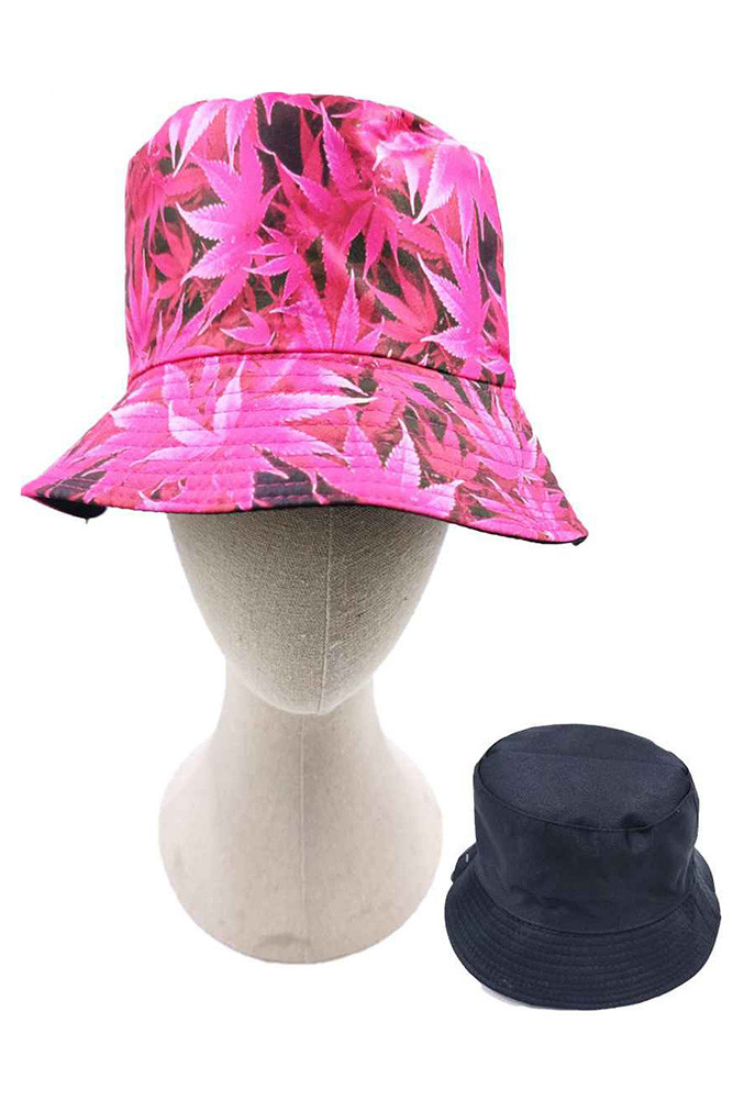 Women's Leaf Print Reversible Bucket Hat in Fuchsia