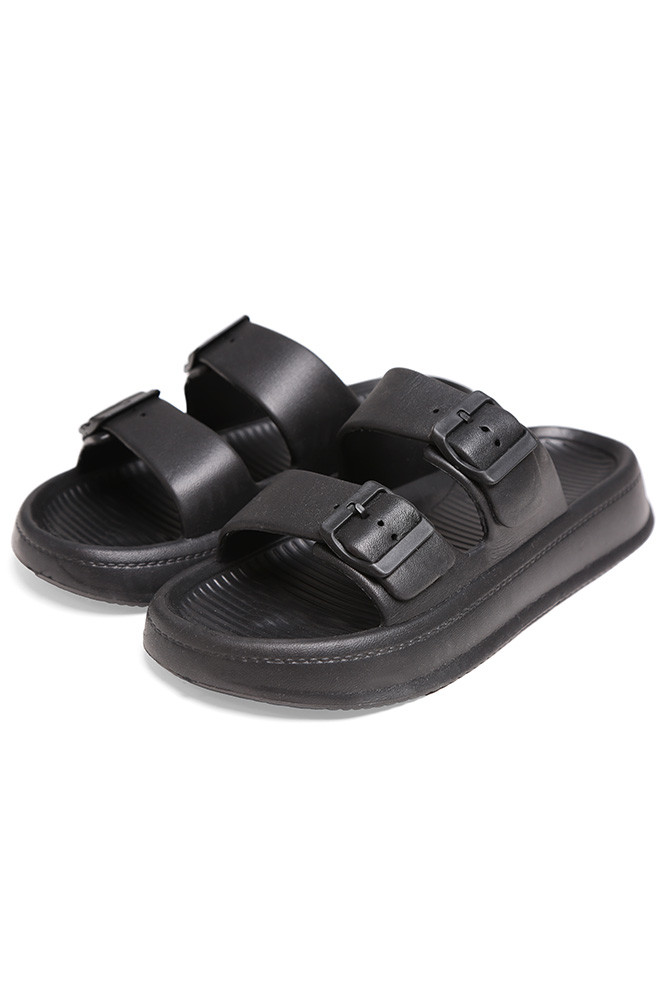 Women's Solid Comfy Double Strap Slide Slipper in Black