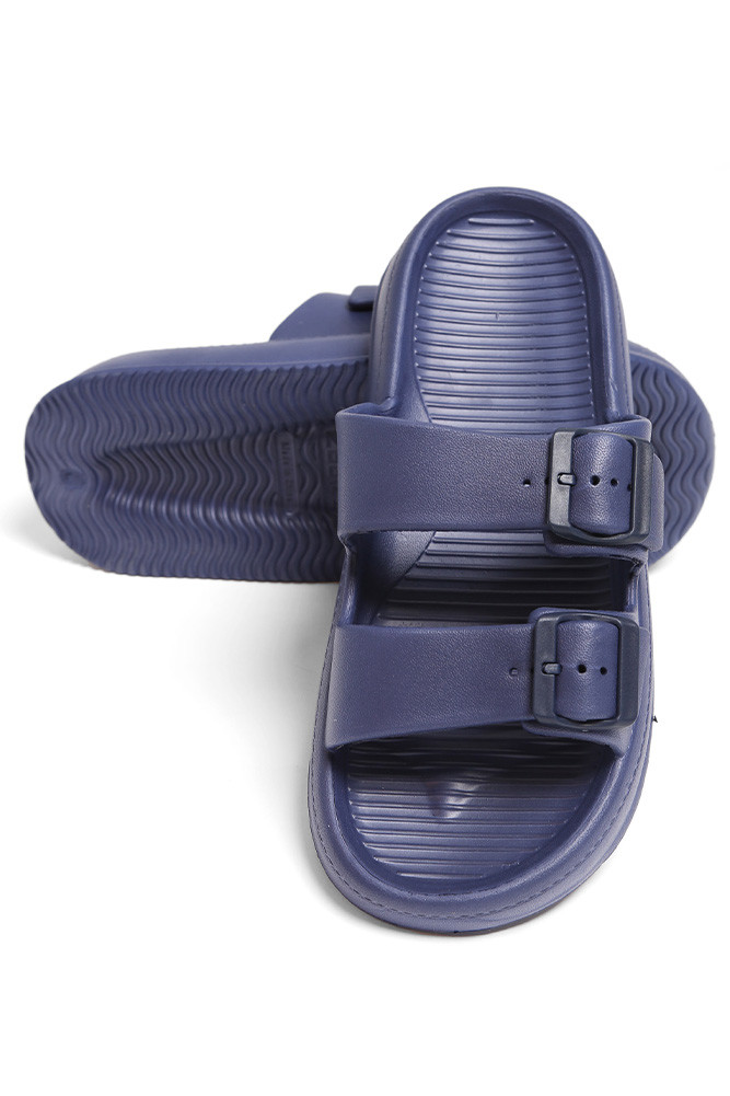 Women's Solid Comfy Double Strap Slide Slipper in Blue