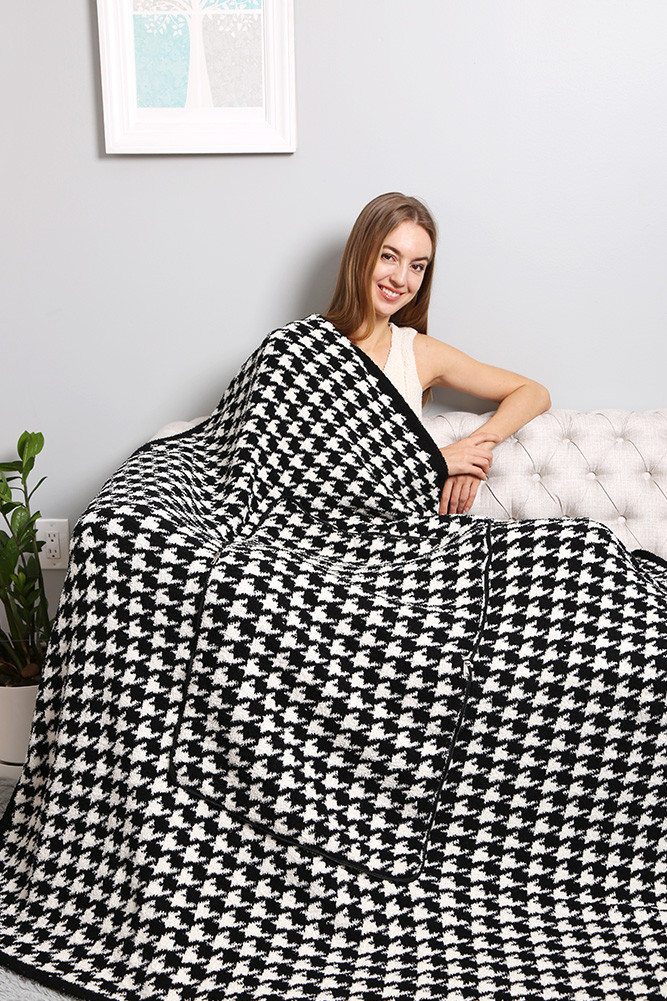 Houndstooth 2-in-1 Throw Blanket and Pillow for Travel and Home in Black White