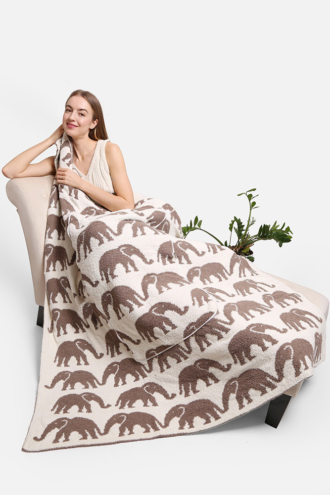 Elephant Print 2-in-1 Throw Blanket and Pillow for Travel and Home in Beige