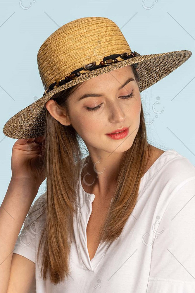 Women's Wooden Beads Braids Trim Two-Tone Hat — hat photo 6