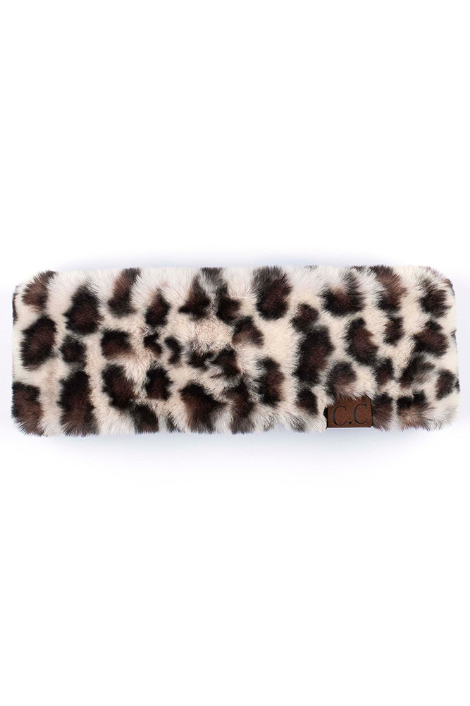 Women's Leopard Pattern Faux Fur Headwrap in Beige