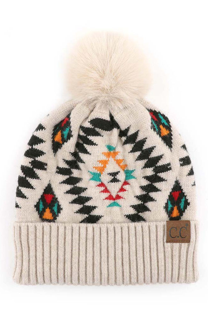 Women's Soft Aztec Pattern Beanie with Faux Fur Pom in Beige