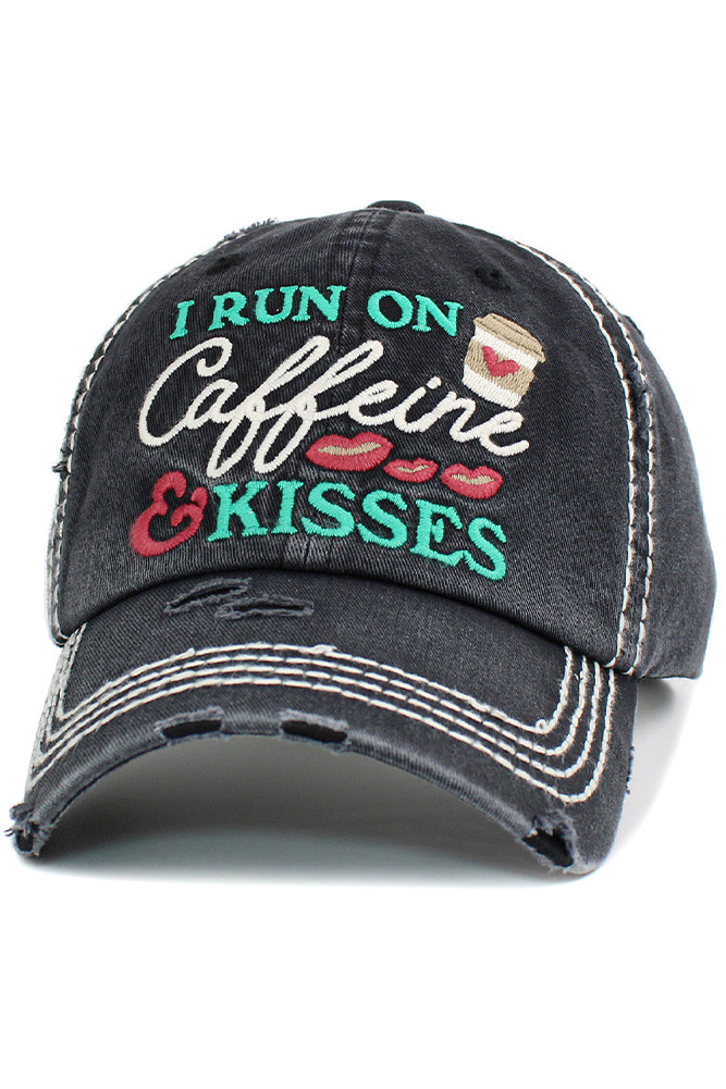 Women's I Run on Caffeine Vintage Distressed Cap in Black