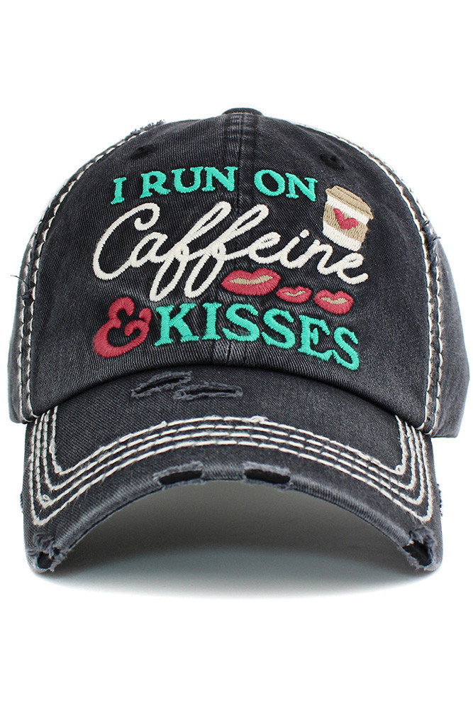 Women's I Run on Caffeine Vintage Distressed Cap in Black