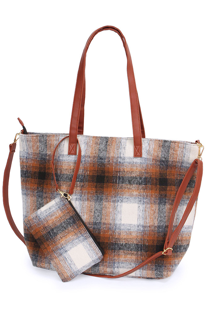 Women's Plaid Weekend Tote Bag with Pouch in Black